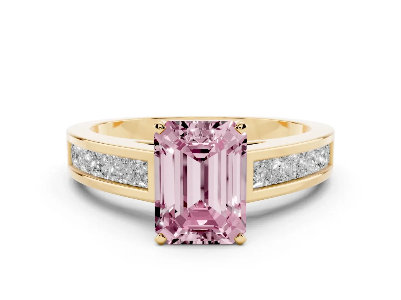 Emerald Cut Channel Engagement Ring Setting for a Fancy Pink Lab-Grown Diamond | Yellow Gold