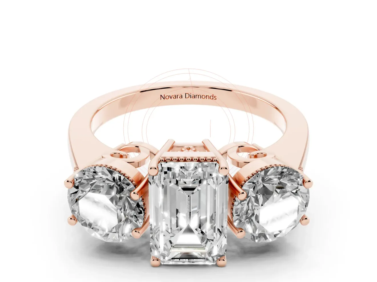 Emerald Cut Diamond Three-Stone Engagement Ring Set in Rose gold with Polished Band