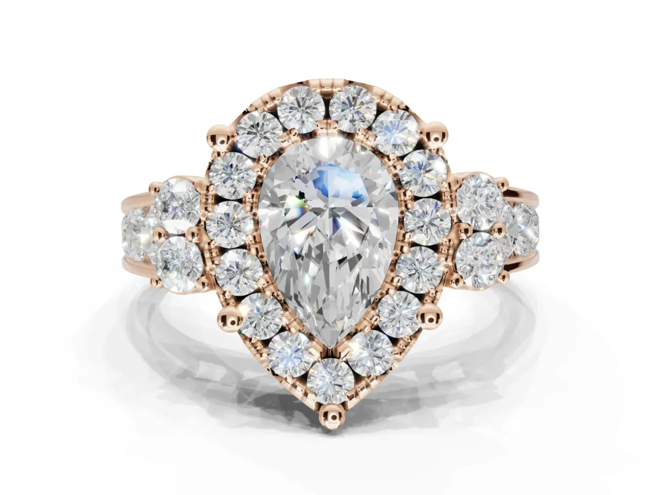 Pear-Shaped Halo Side Cluster Engagement Ring Setting | Graduated Channel Band | Rose Gold