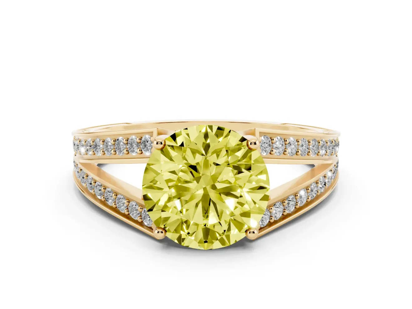 Fancy Yellow Round Cut Diamond Split Shank Ring Set in Yellow gold with Pavé Band and Prong Setting
