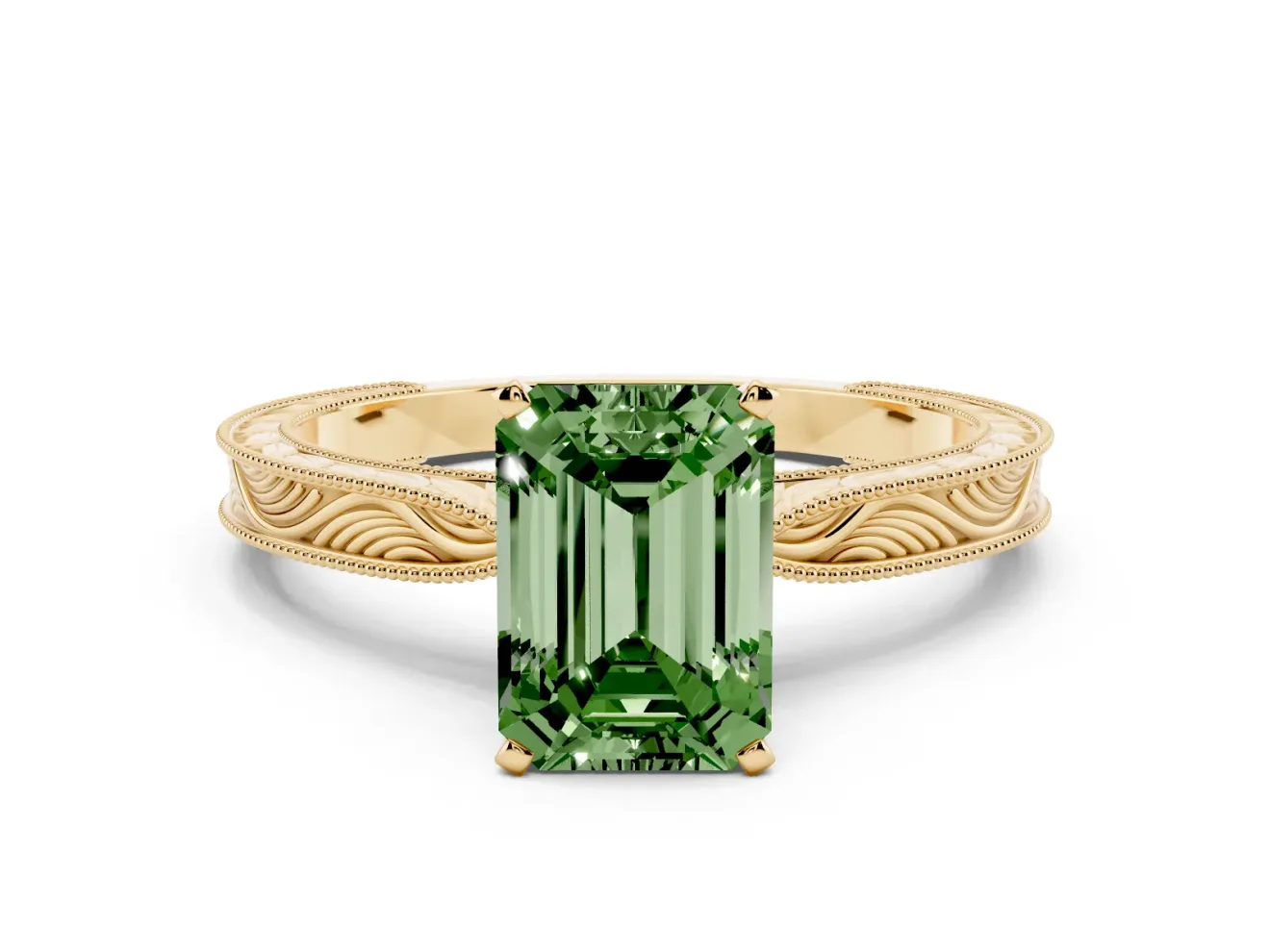 Fancy Green Emerald Cut Diamond Solitaire Milgrain Engraved Band Set in Yellow gold with Prong Setting