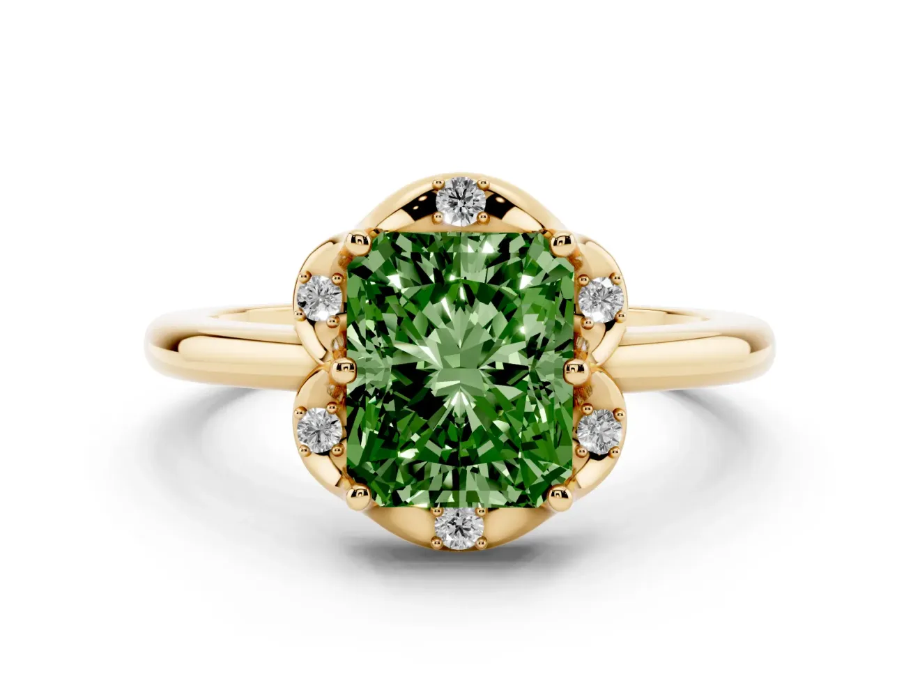 Radiant Cut Petal Halo Engagement Ring Setting for a Fancy Green Lab-Grown Diamond | Yellow Gold