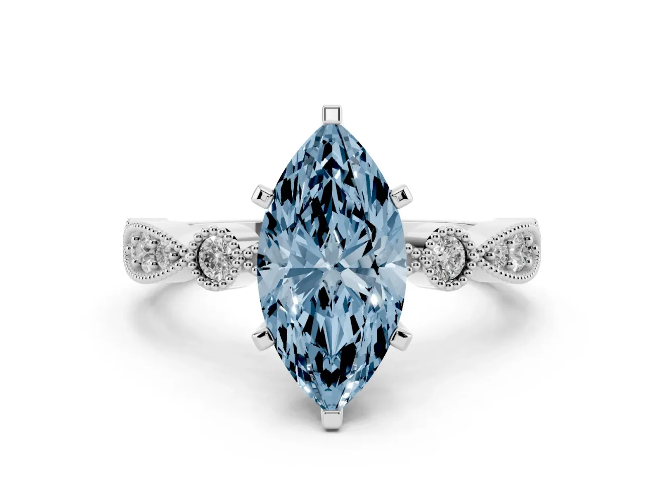 Fancy Blue Marquise Cut Diamond Solitaire Engagement Ring Set in Platinum with Milgrain Bezel Accent Band
