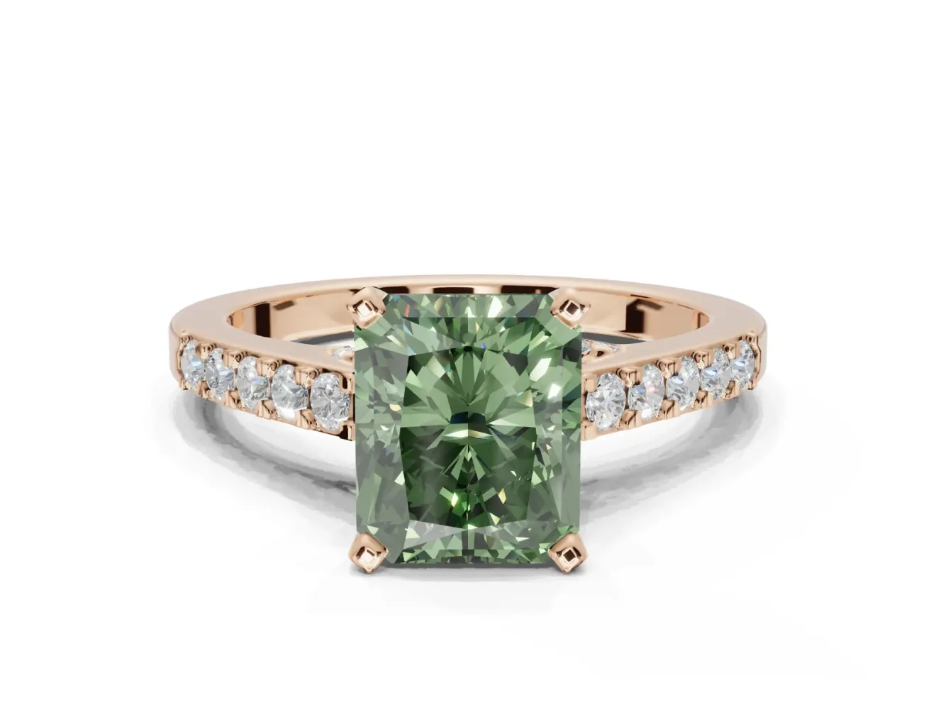Radiant Cut Pavé Solitaire Engagement Ring Setting for a Fancy Green Lab-Grown Diamond | Crossover Gallery | Rose Gold