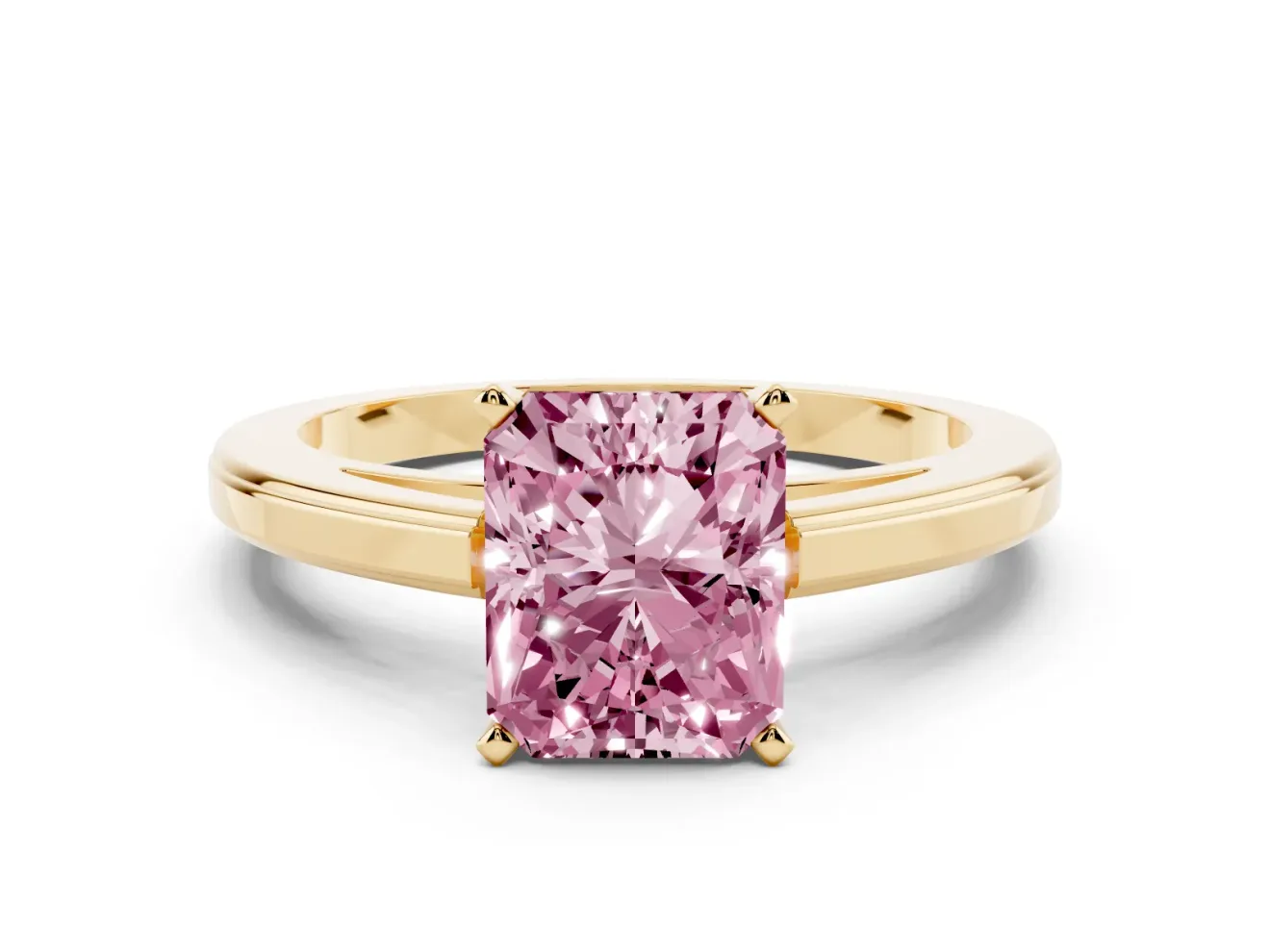 Fancy Pink Radiant Cut Diamond Solitaire Ring Set in Yellow gold with Prong Setting and Classic Band