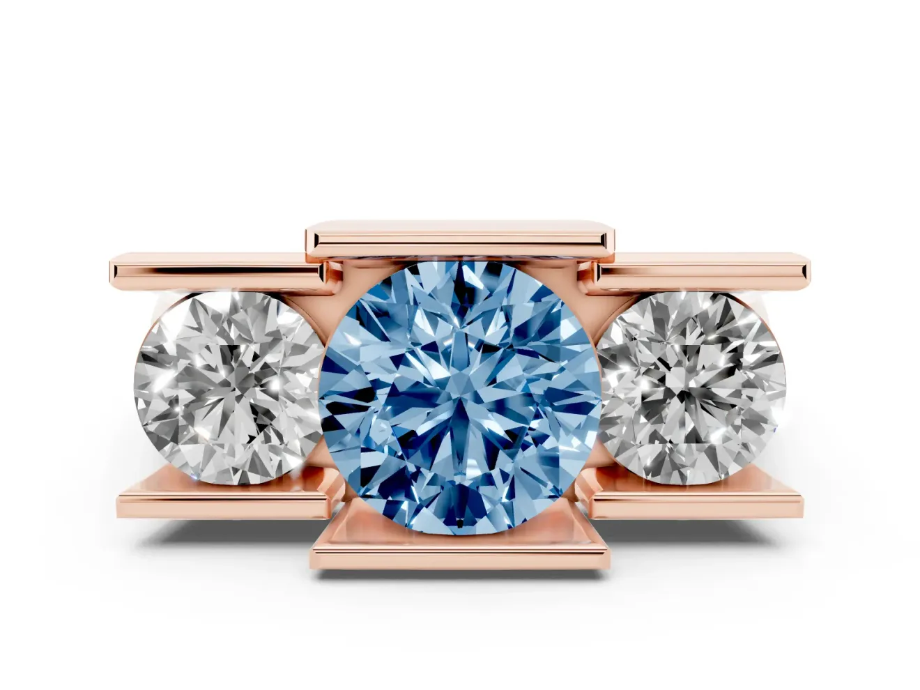 Fancy Blue Round Cut Diamond Three-Stone Channel Set Ring Set in Rose gold with Smooth Polished Band
