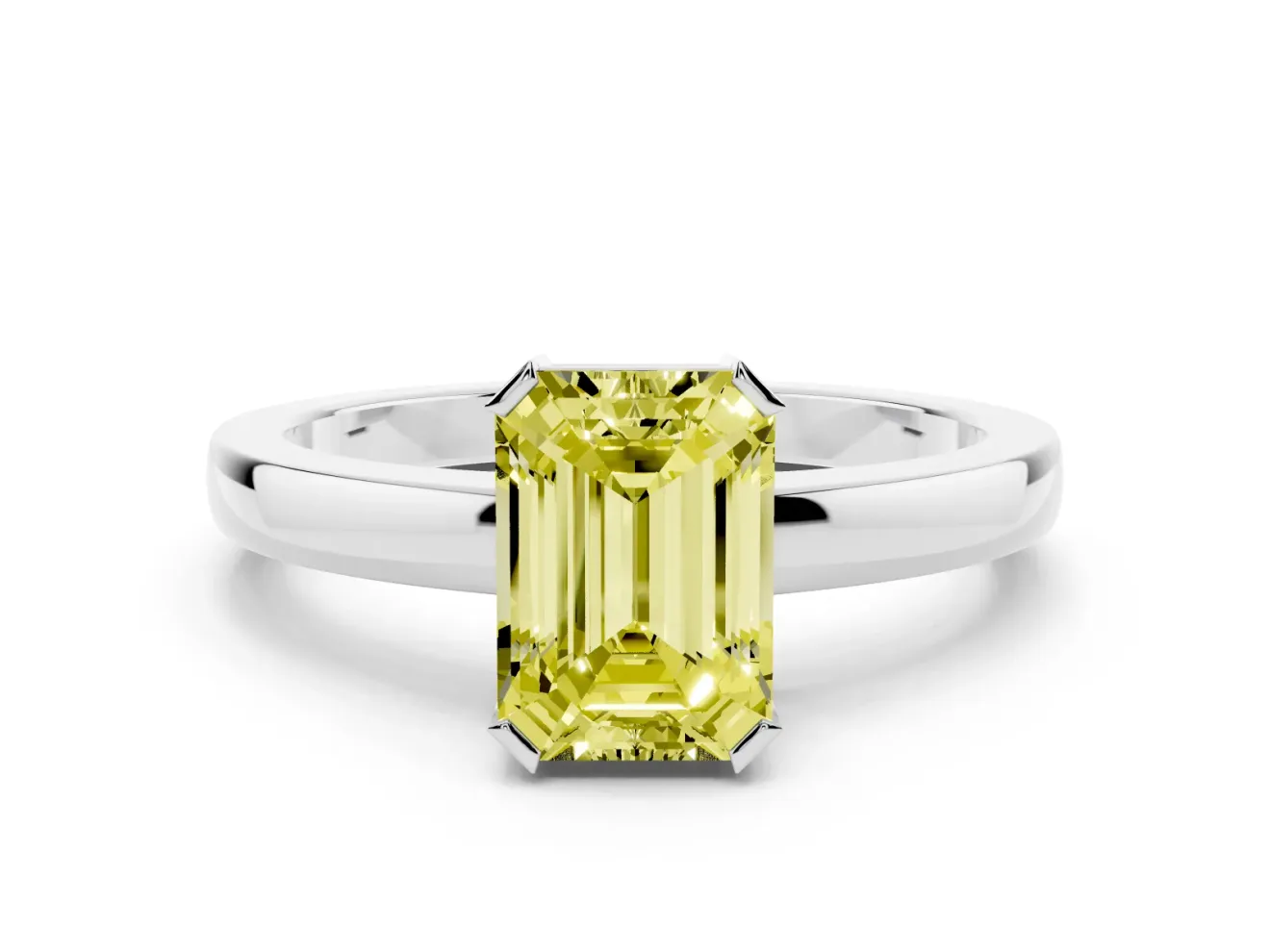 Fancy Yellow Emerald Cut Diamond Solitaire Ring Set in Platinum with Prong Head and Smooth Polished Band