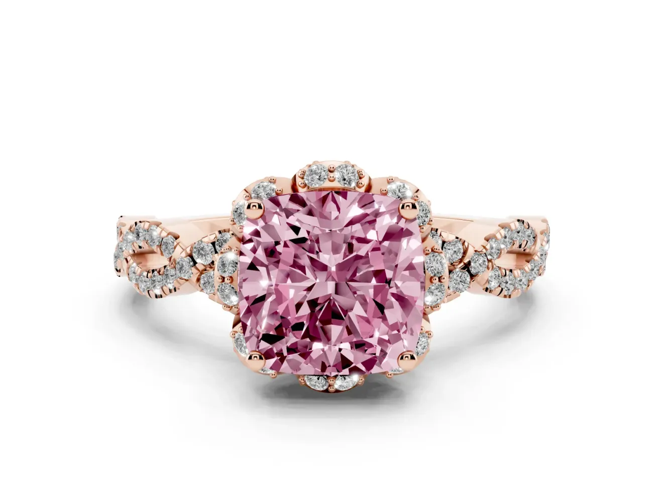 Fancy Pink Cushion Cut Diamond Halo Twist Band Solitaire Ring Set in Rose gold with Prong-Set Center Stone