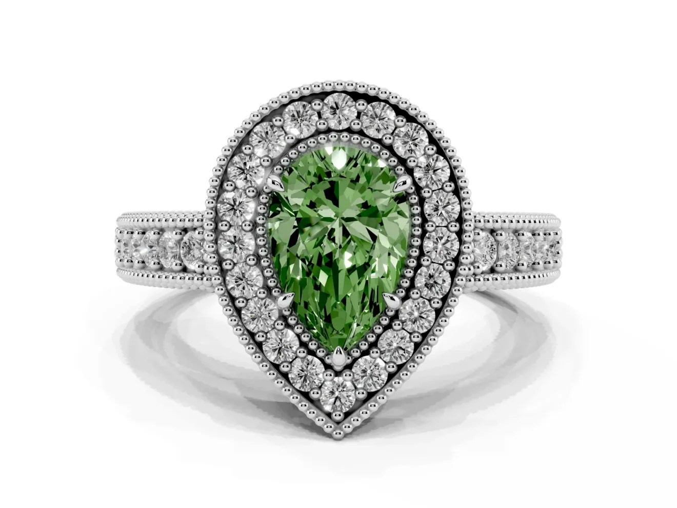 Fancy Green Pear Cut Diamond Halo Ring Set in Platinum with Round Accent Halo, Pavé Band and Prong Setting