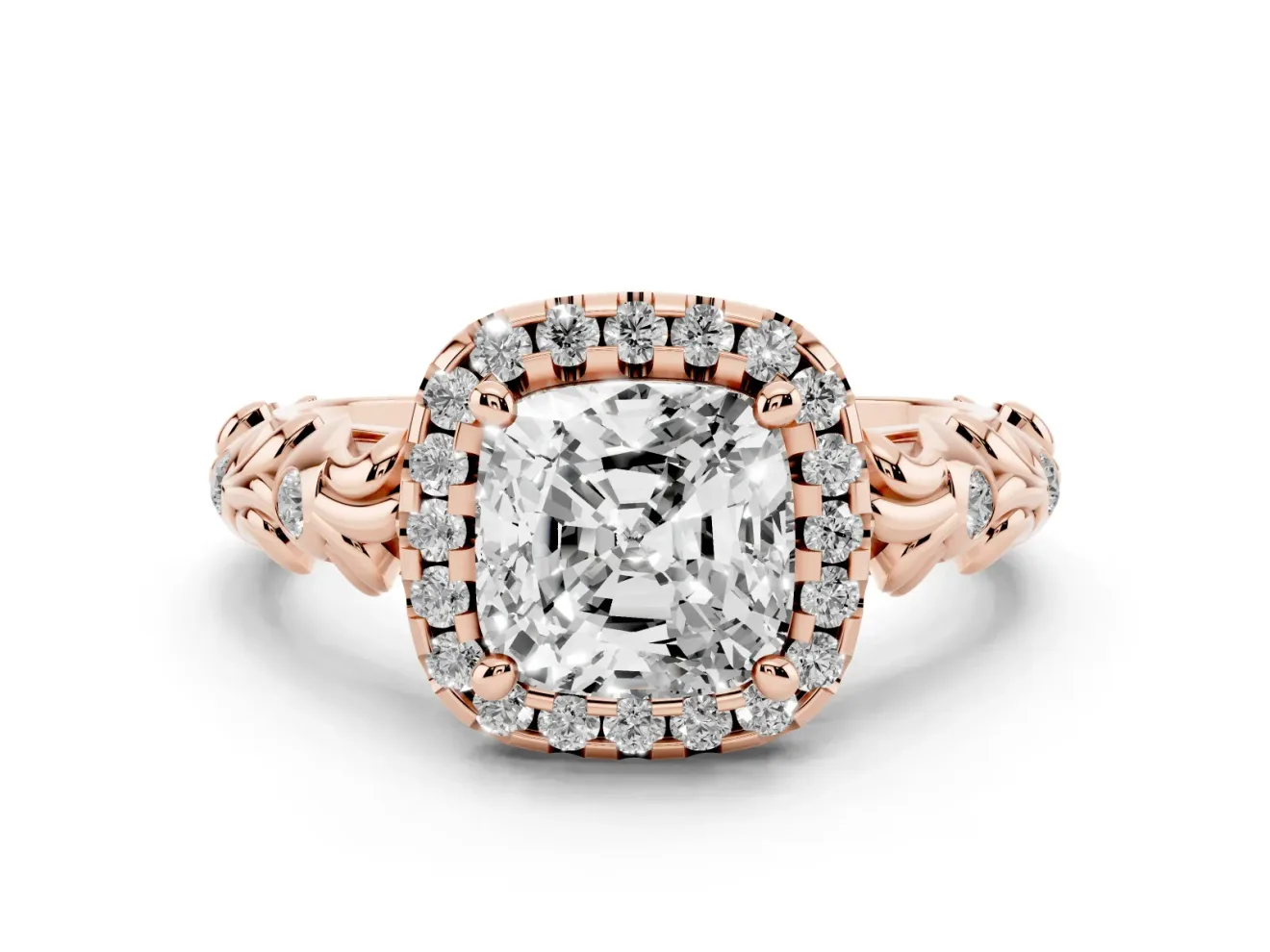 Cushion Cut Filigree Leaf Halo Engagement Ring Setting | Bezel Leaf Accents | Rose Gold
