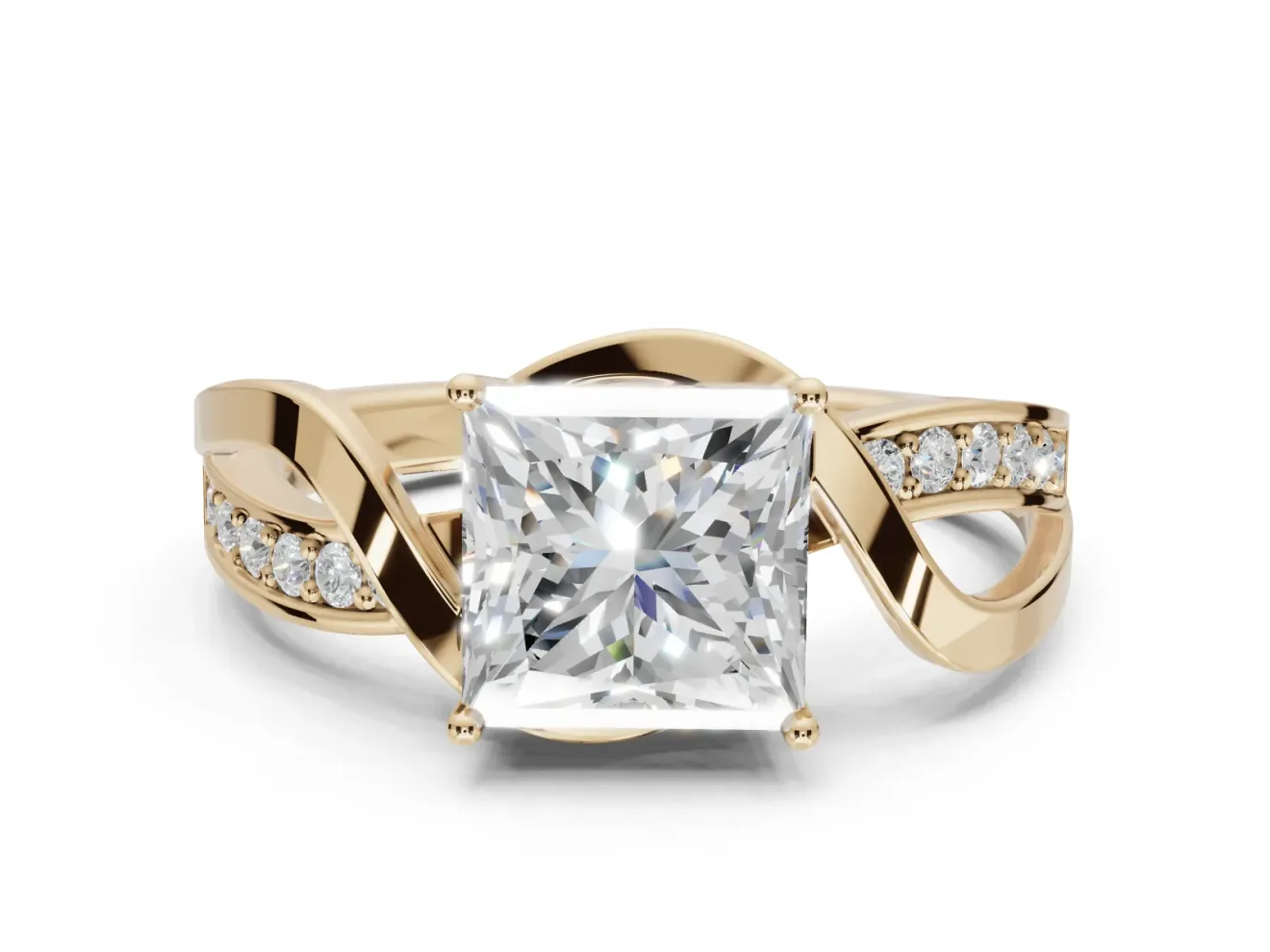 Princess Cut Bypass Solitaire Engagement Ring Setting | Pavé and Plain Strands | Yellow Gold