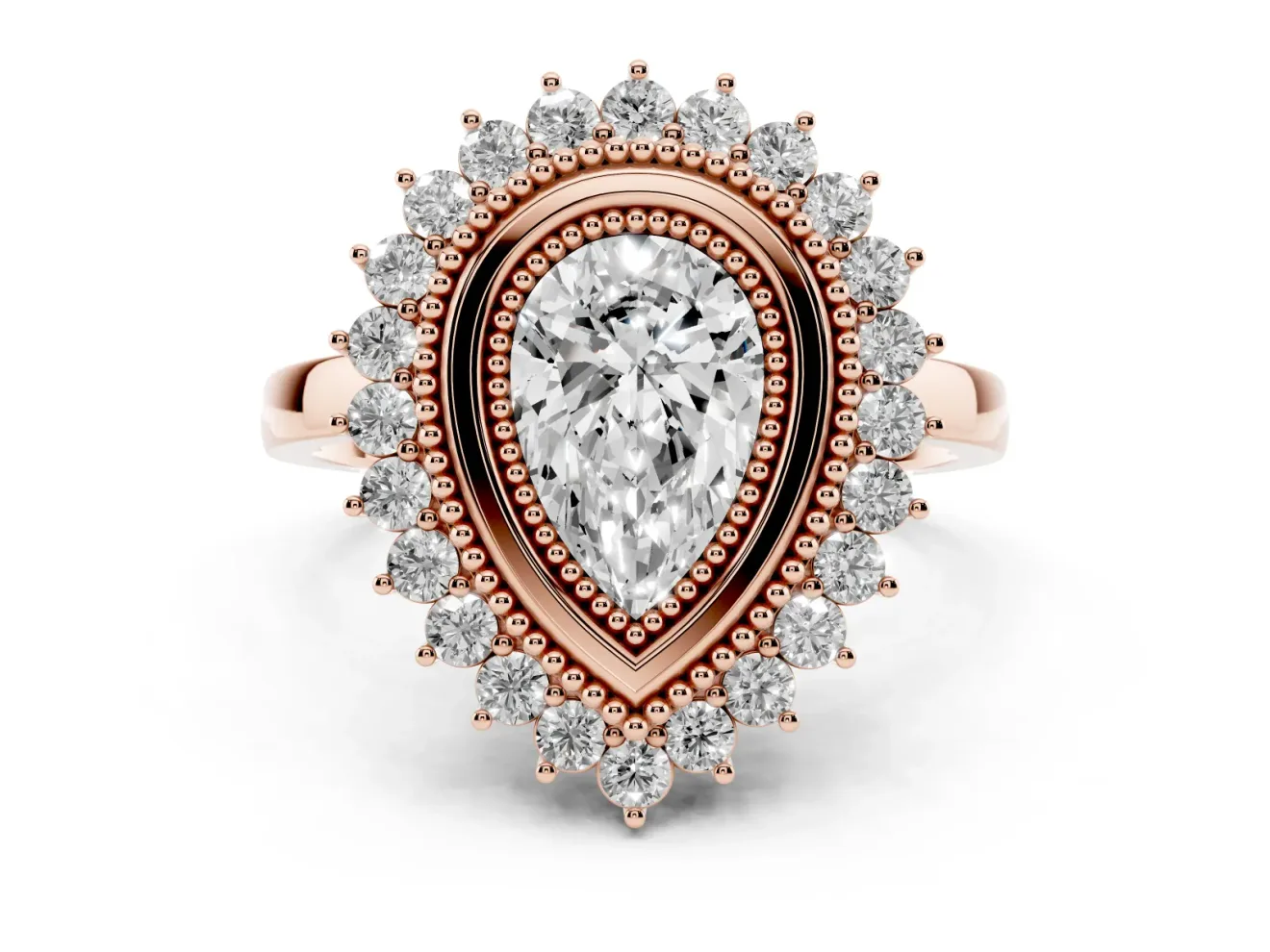 Pear Cut Diamond Halo Ring Set in Rose gold with Milgrain Edge and Round Prong Setting