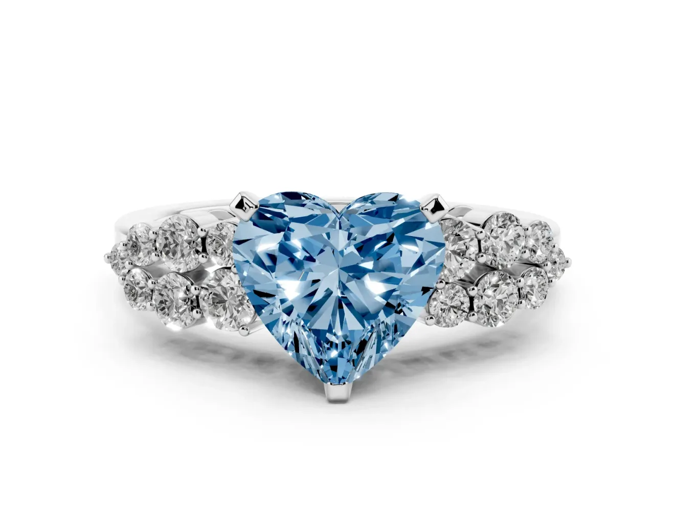 Fancy Blue Heart Cut Diamond Cluster Engagement Ring Set in Platinum with Pavé Band and Prong Setting