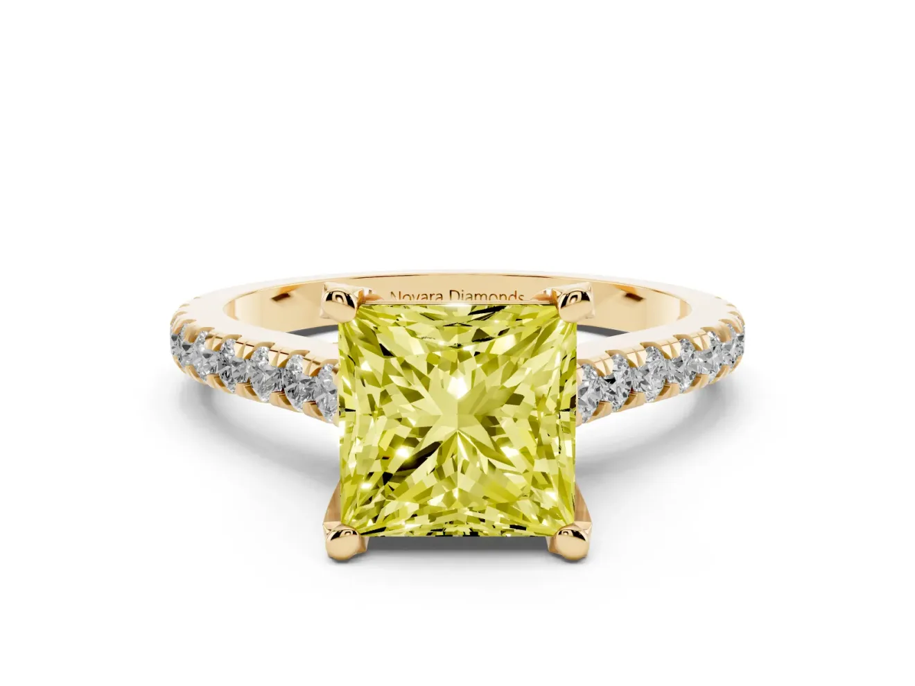 Princess Cut Hidden Halo Pave Engagement Ring Setting for a Fancy Yellow Lab-Grown Diamond | Claw Prongs | Yellow Gold