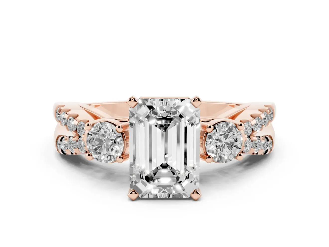 Emerald Cut Three Stone Engagement Ring Setting | Pavé Split Shank | Rose Gold