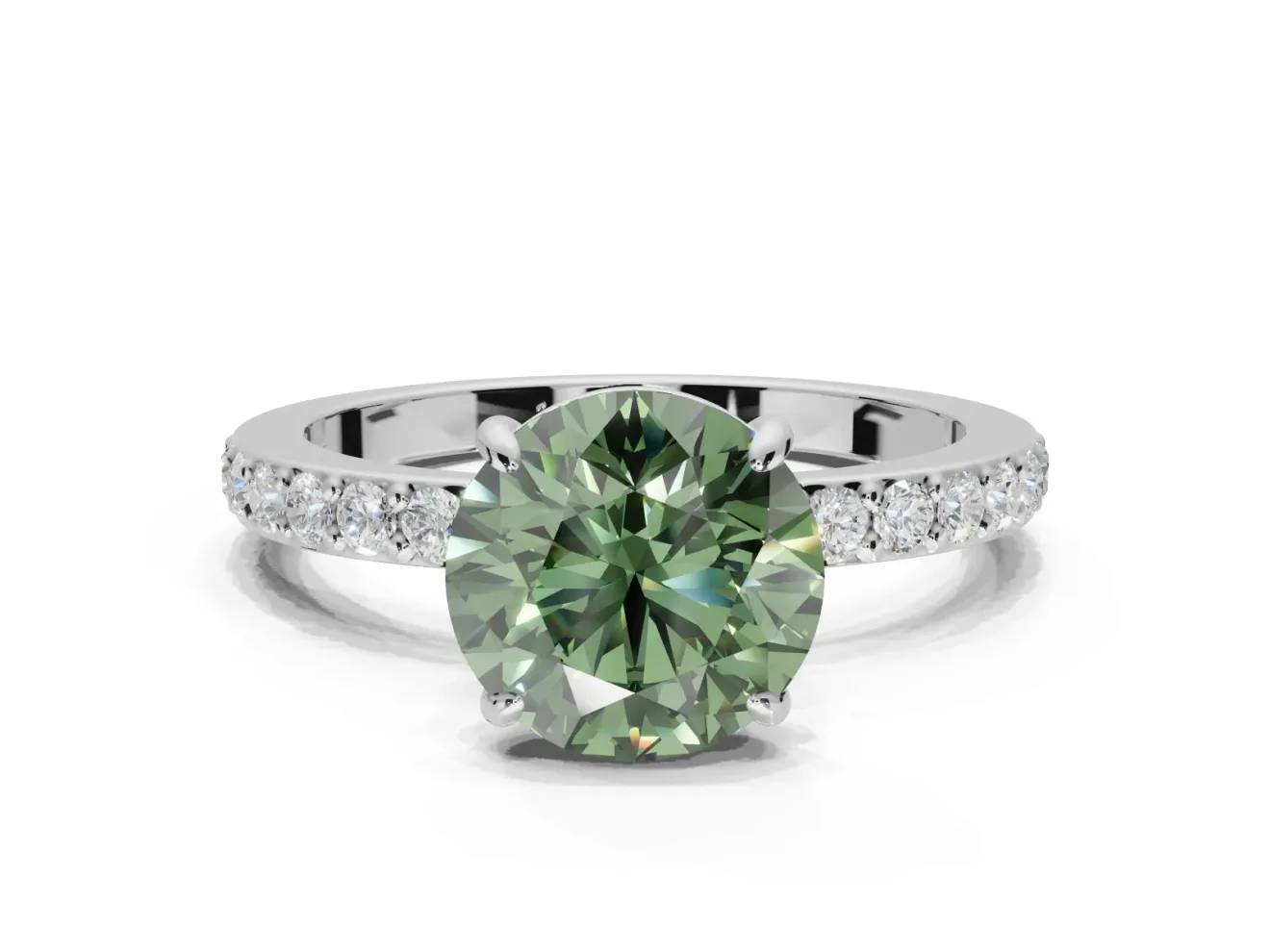 Round Hidden Halo Engagement Ring Setting for a Fancy Green Lab-Grown Diamond | Pavé Band | Sterling Silver