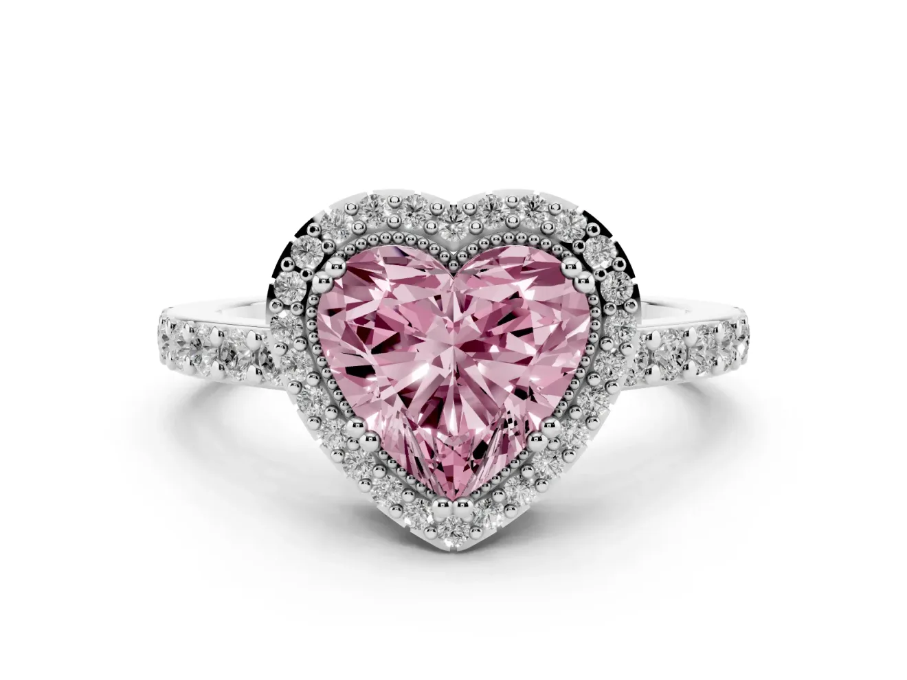 Fancy Pink Heart Cut Diamond Halo Engagement Ring Set in White gold with Milgrain Detail and Pavé Band