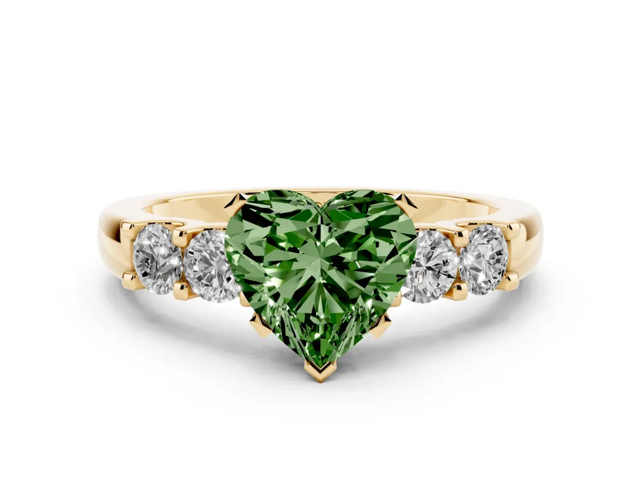 Heart-Shaped Five Stone Engagement Ring Setting for a Fancy Green Lab-Grown Diamond | Yellow Gold