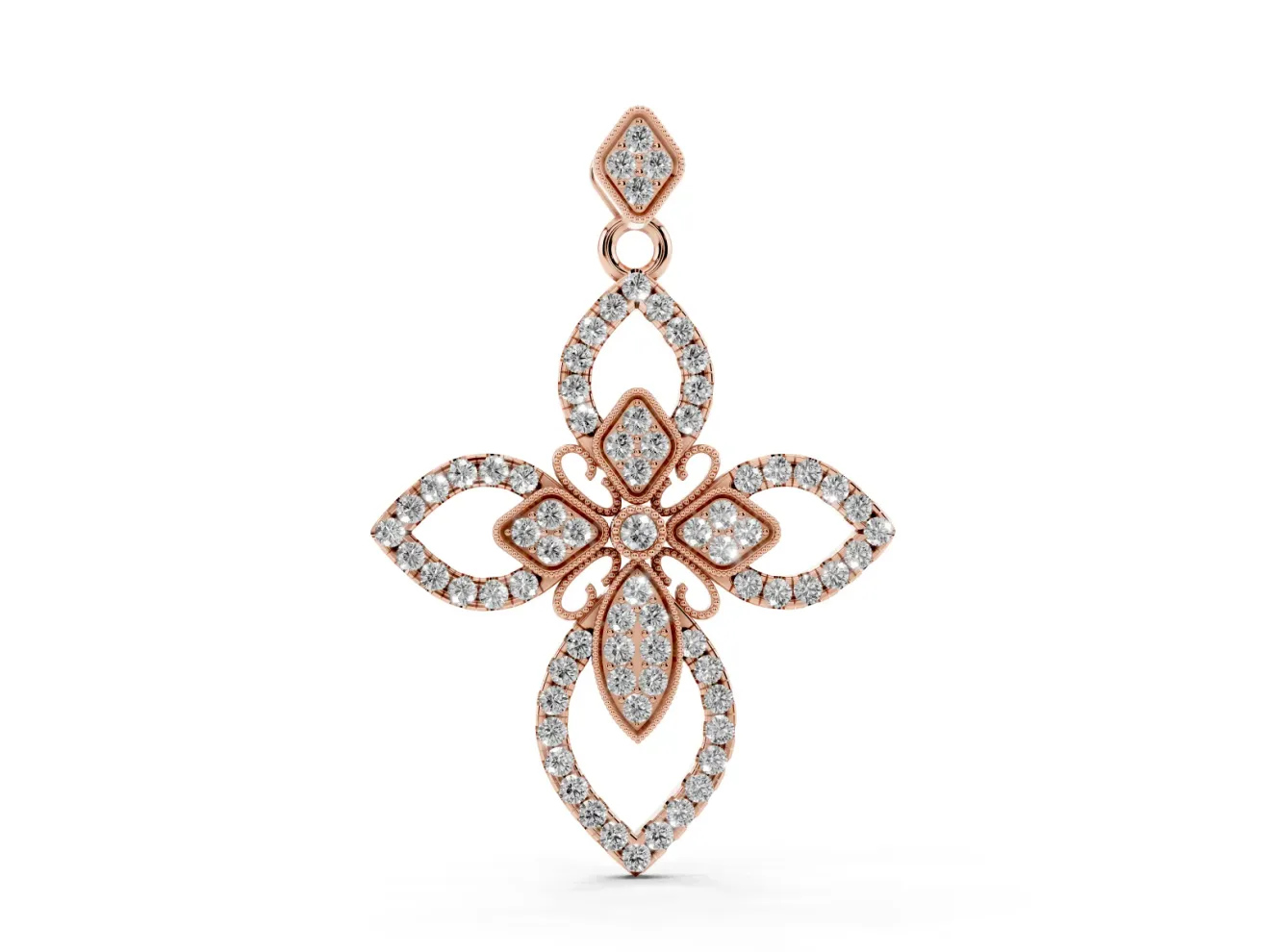 Round Lab-Grown Diamond Pavé Floral Cross Pendant Necklace | Petal Arms | Rose Gold