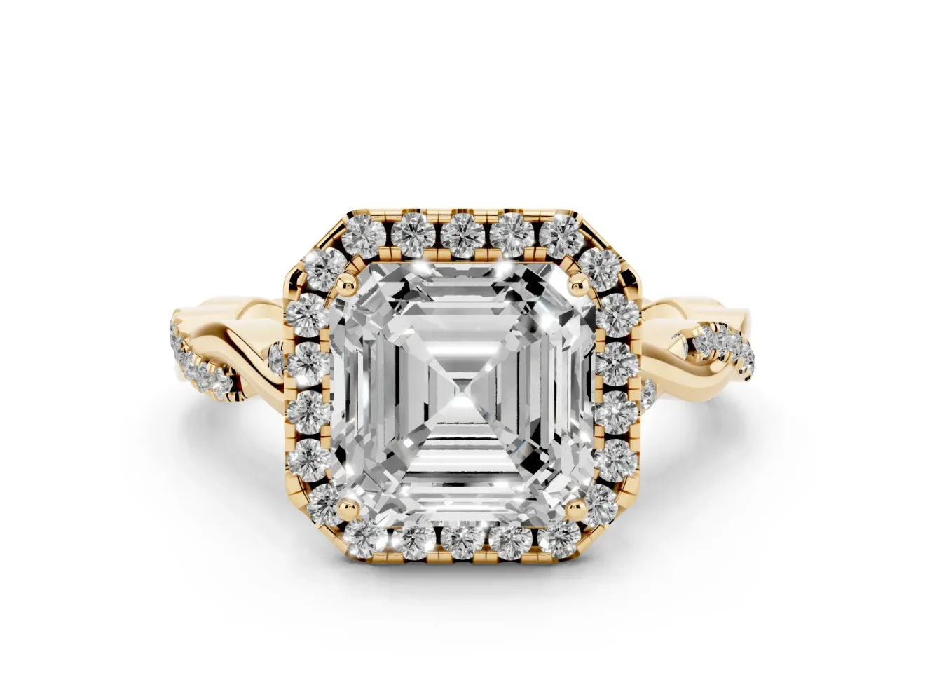 Asscher Cut Halo Engagement Ring Setting | Pavé Twist Band | Yellow Gold