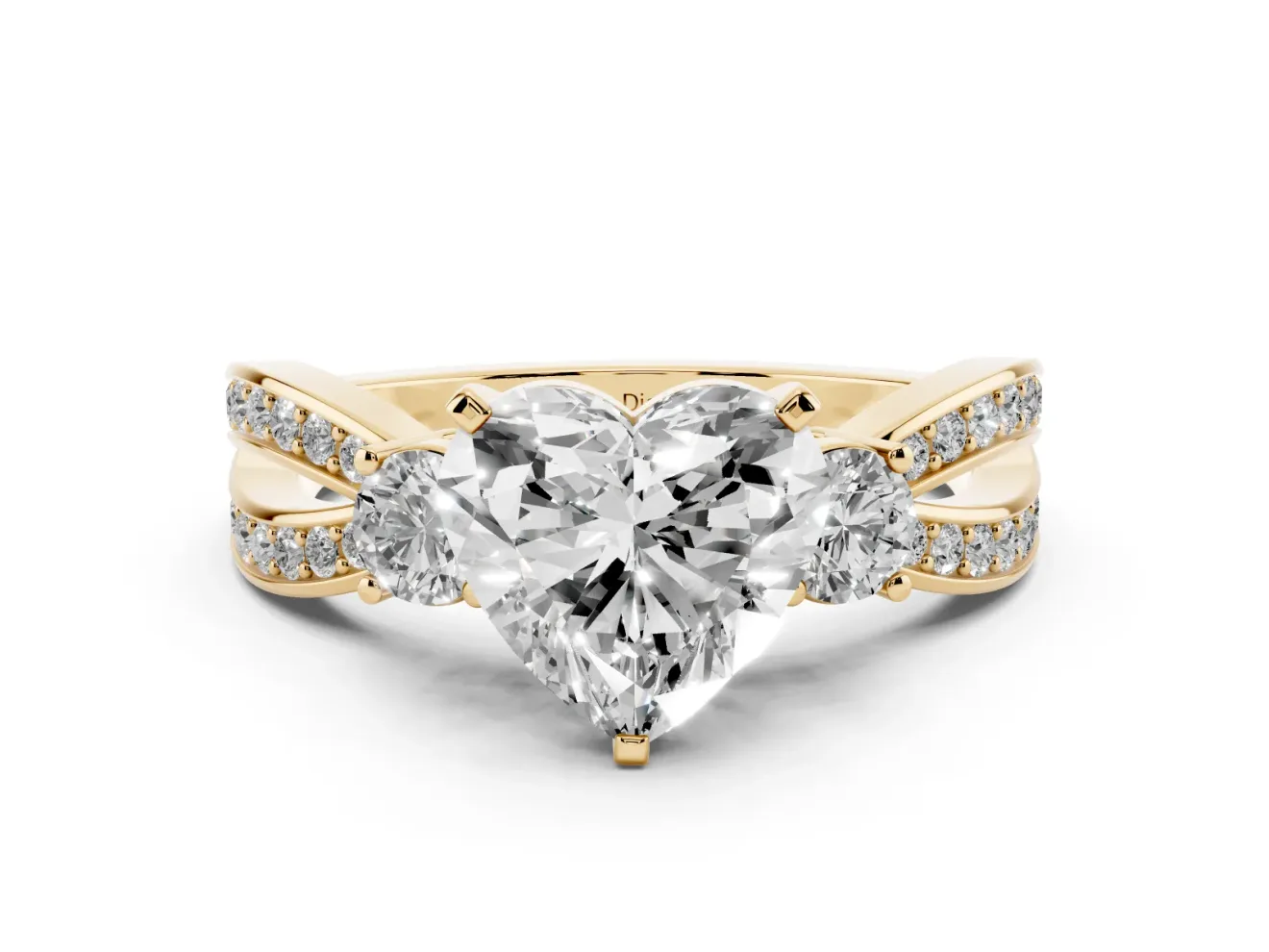 Three-Stone Heart Cut Diamond Twist Band Ring Set in Yellow gold with Pavé Accents and Prong Setting