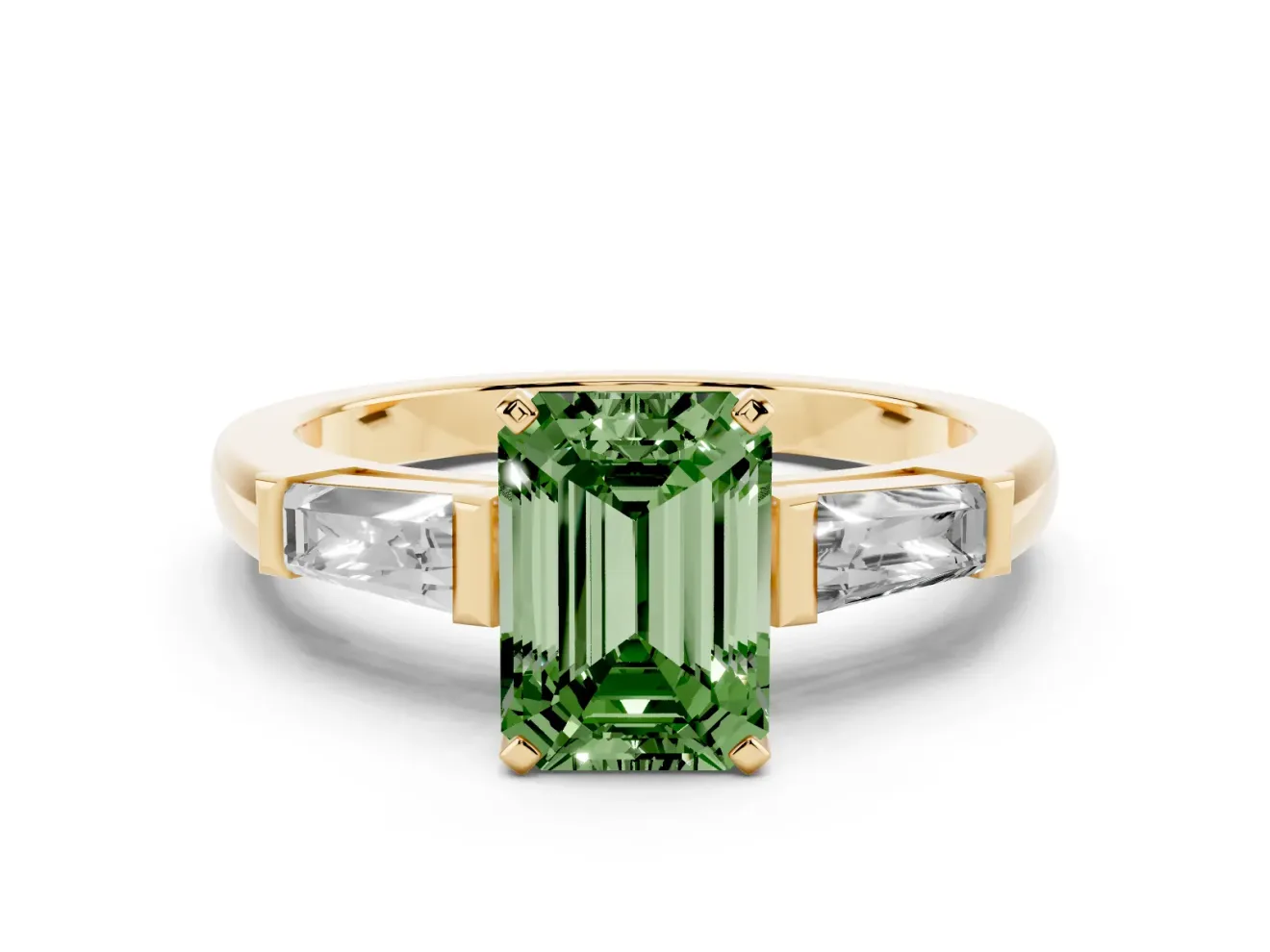 Fancy Green Emerald Cut Diamond Solitaire Ring Set in Yellow gold with Tapered Baguette Side Stones and Prong Setting