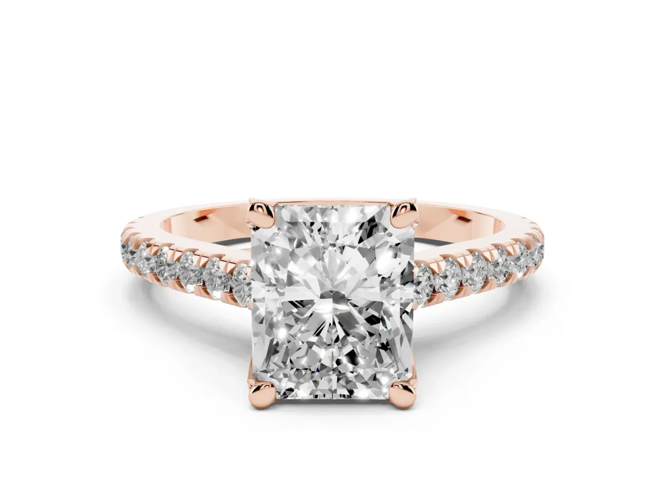 Radiant Cut Hidden Halo Pave Engagement Ring Setting | Claw Prongs | Rose Gold