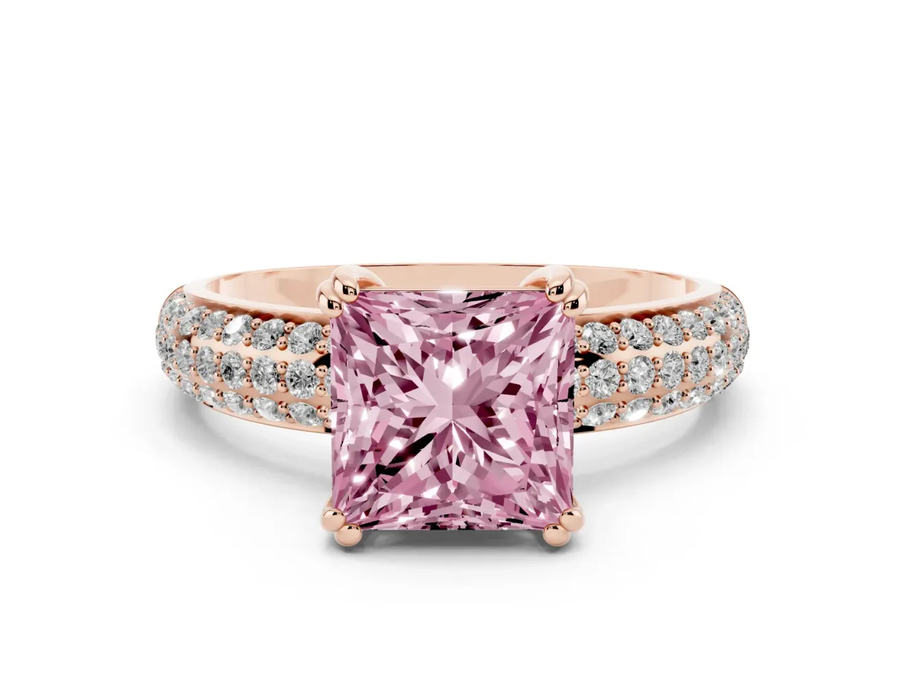 Princess Cut Three Row Pave Engagement Ring Setting for a Fancy Pink Lab-Grown Diamond | Rose Gold