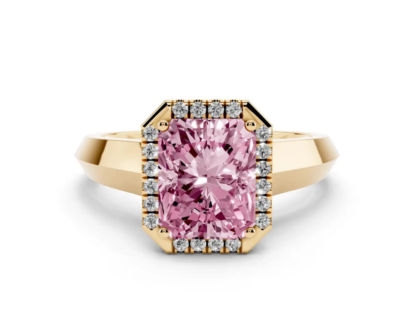 Radiant Cut Knife-Edge Halo Engagement Ring Setting for a Fancy Pink Lab-Grown Diamond | Yellow Gold
