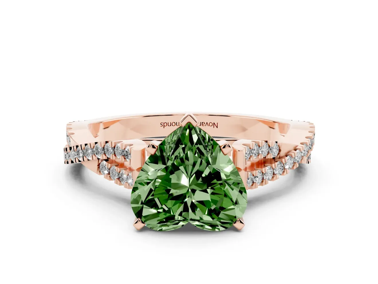 Fancy Green Heart Cut Diamond Solitaire Engagement Ring Set in Rose gold with Twisted Pavé Band and Prong Setting