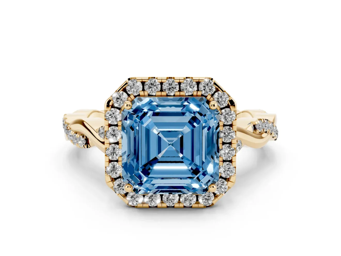Asscher Cut Twist Halo Engagement Ring Setting for a Fancy Blue Lab-Grown Diamond | Yellow Gold