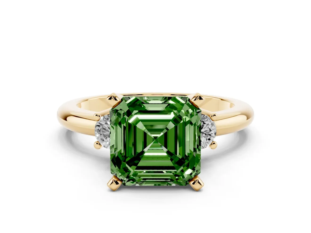 Fancy Green Three-Stone Asscher Cut Diamond Ring Set in Yellow gold with Prong Setting and Plain Band