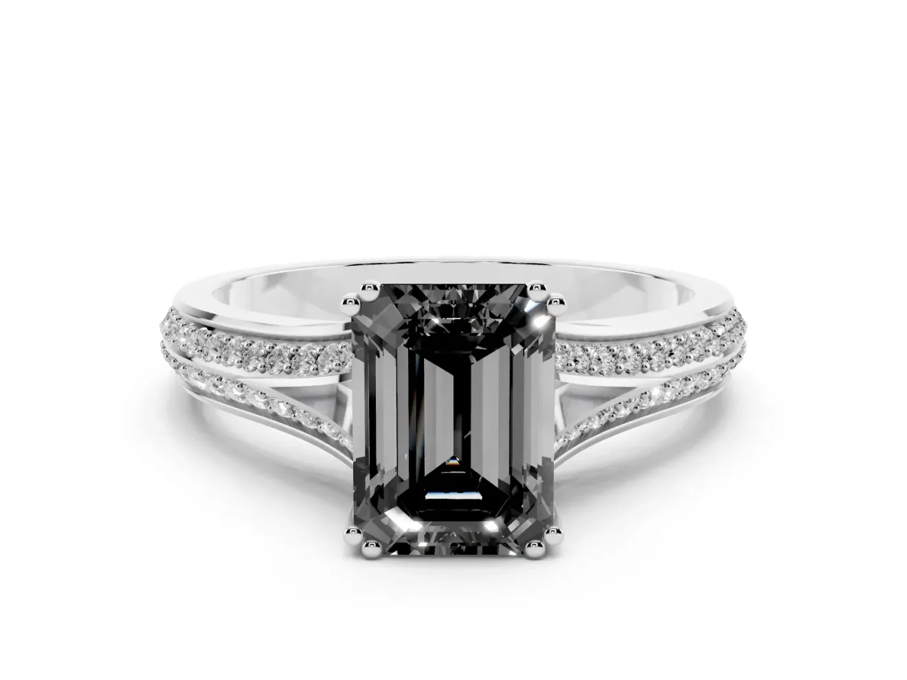 Emerald Cut Split Shank Engagement Ring Setting for a Black Center | Pavé Band | Sterling Silver