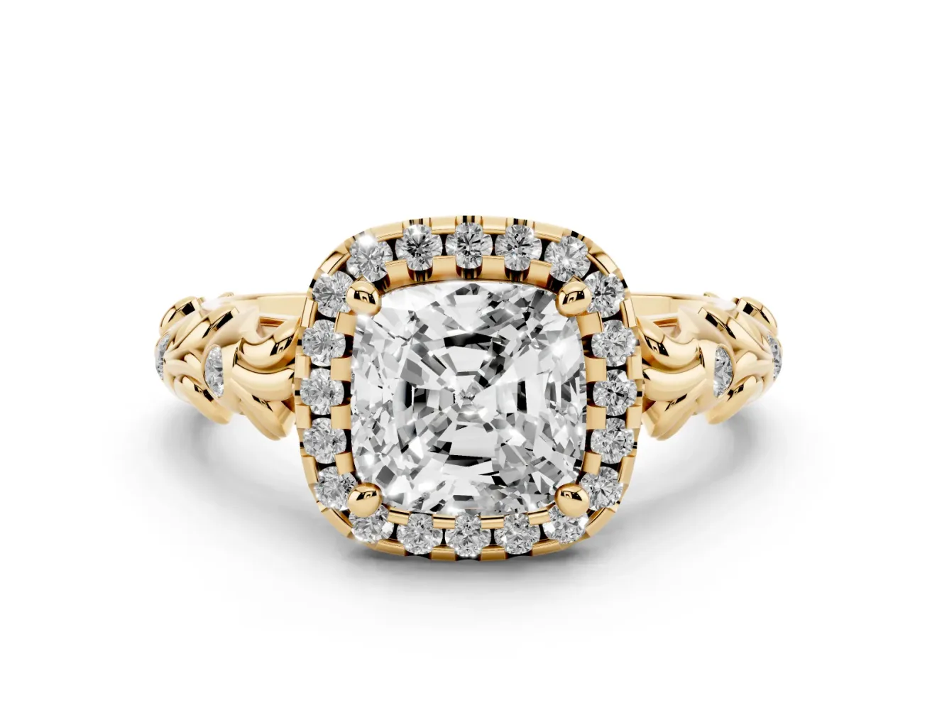 Cushion Cut Filigree Leaf Halo Engagement Ring Setting | Bezel Leaf Accents | Yellow Gold