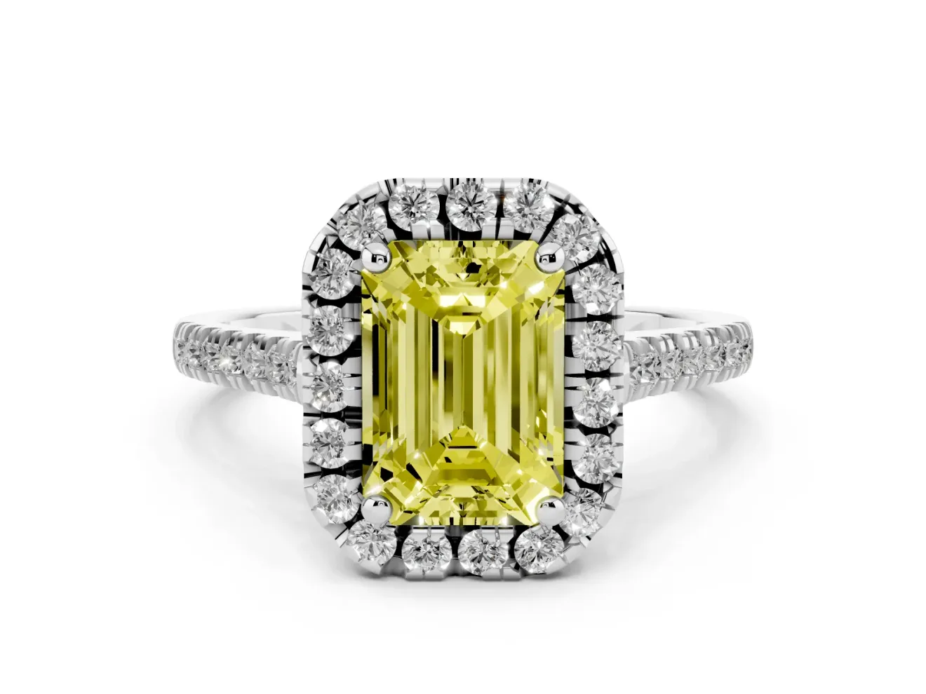 Emerald Cut Halo Engagement Ring Setting for a Fancy Yellow Lab-Grown Diamond | Tapered Band | Platinum