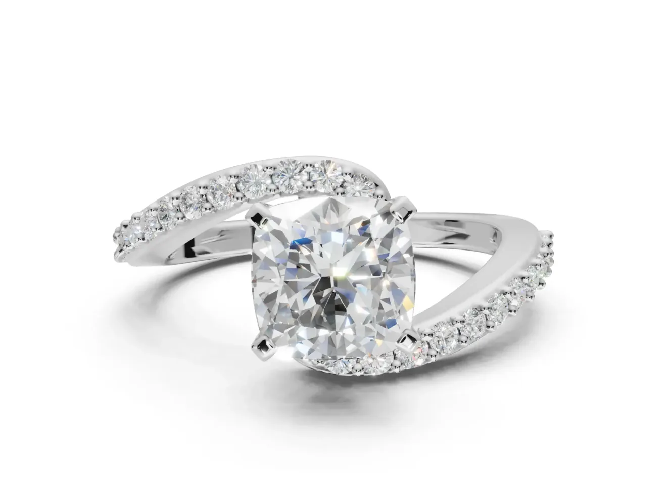 Cushion Cut Bypass Pavé Solitaire Engagement Ring Setting | Swirl Band | White Gold