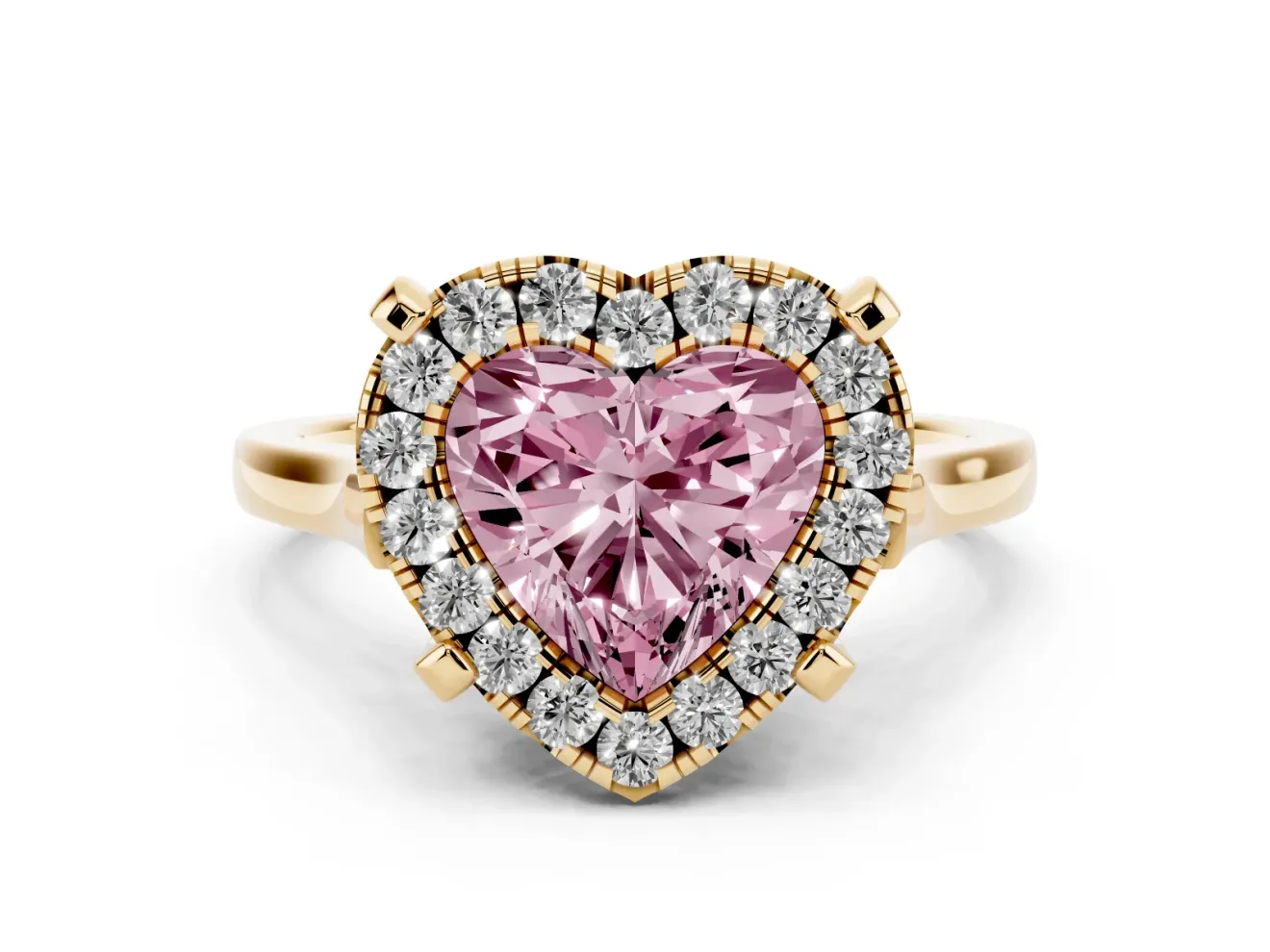 Heart-Shaped Claw Corner Halo Engagement Ring Setting for a Fancy Pink Lab-Grown Diamond | Slim Plain Band | Yellow Gold