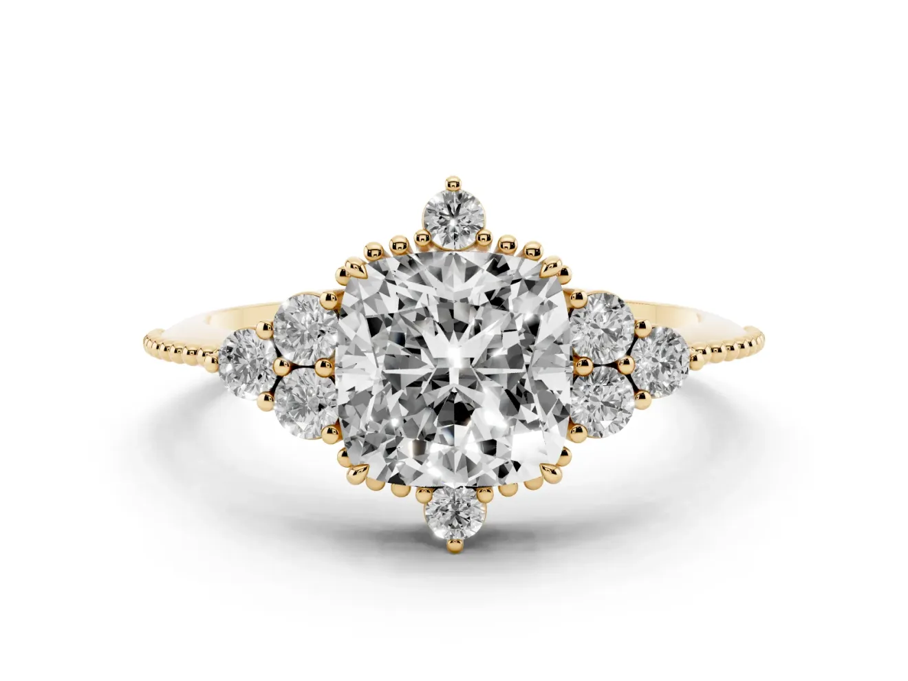 Cushion Cut Vintage Cluster Engagement Ring Setting | Beaded Edges | Yellow Gold