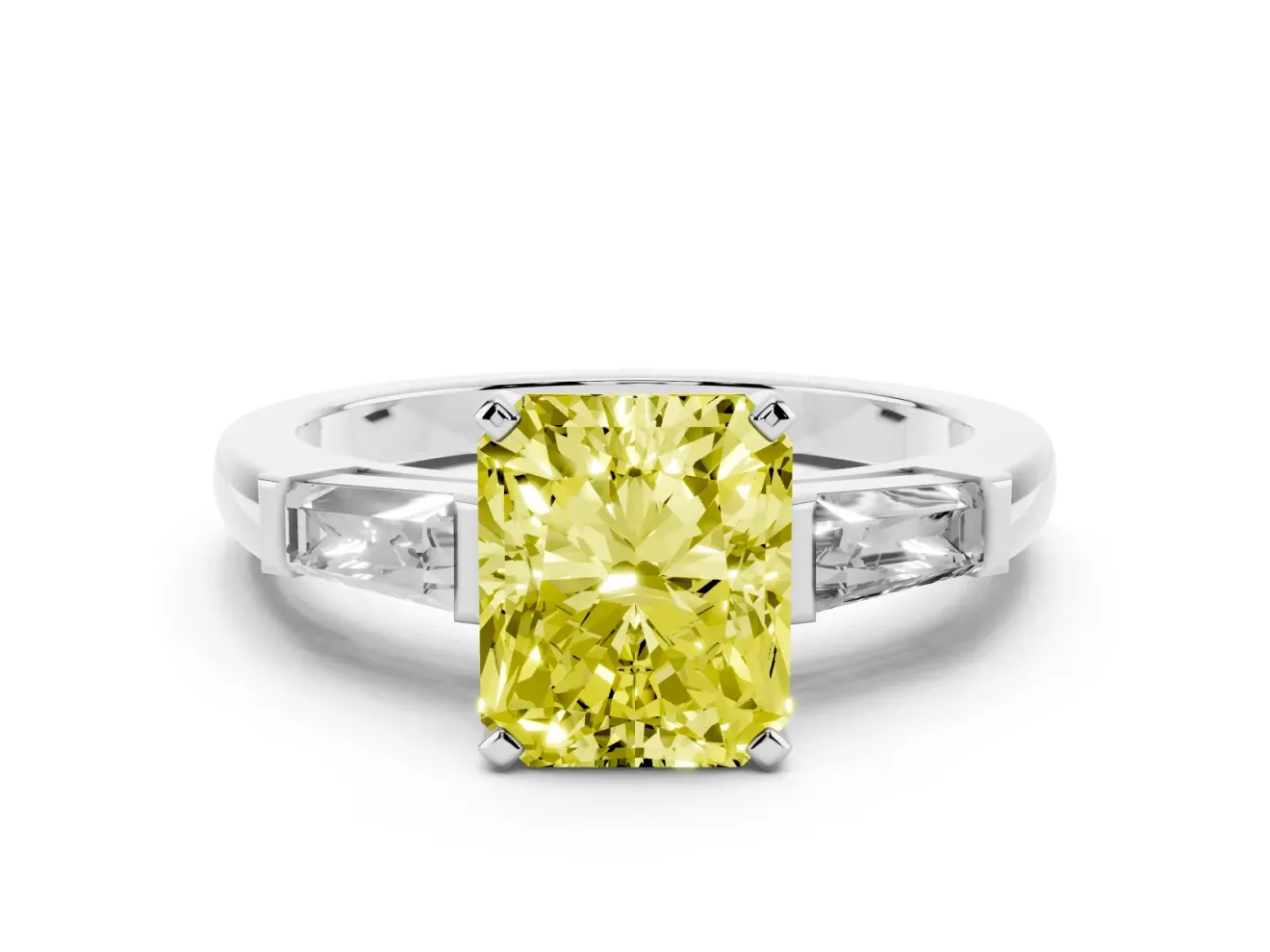 Fancy Yellow Radiant Cut Diamond Solitaire Ring Set in Platinum with Tapered Baguette Side Stones and Prong Setting