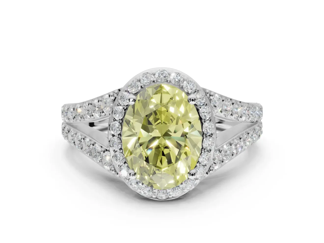Oval Halo Pavé Engagement Ring Setting for a Fancy Yellow Lab-Grown Diamond | Narrow Split Shank | Sterling Silver