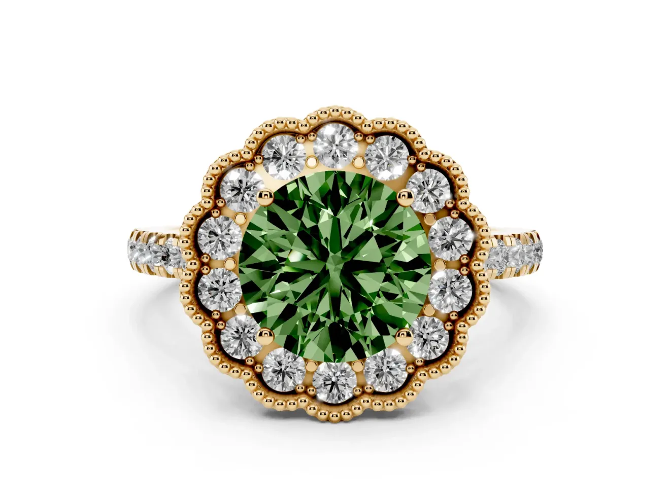 Fancy Green Round Cut Diamond Milgrain Floral Halo Engagement Ring Set in Yellow gold with Pavé Band