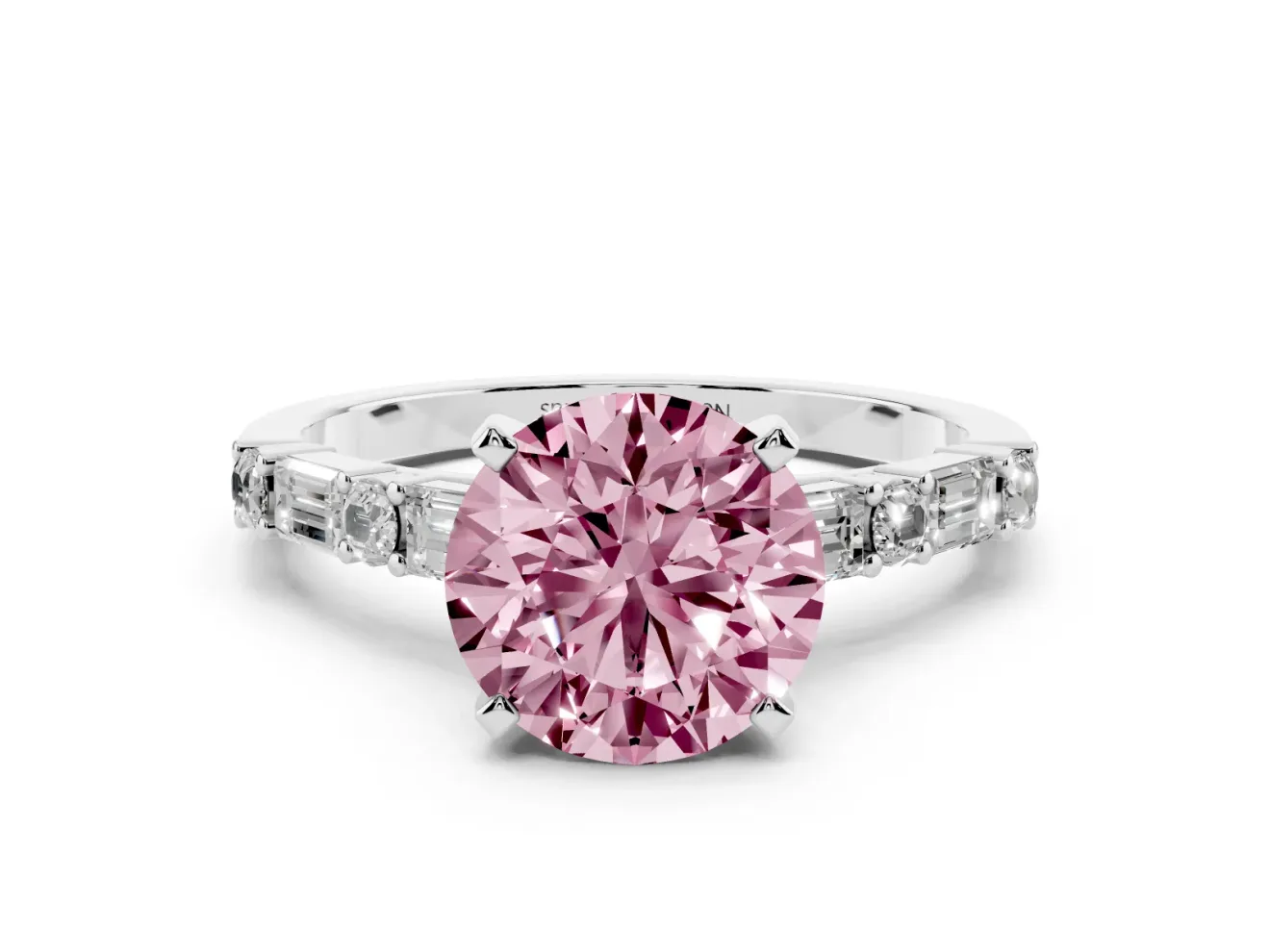 Fancy Pink Round Cut Diamond Solitaire Set in Silver with Side Baguettes and Channel Set Band