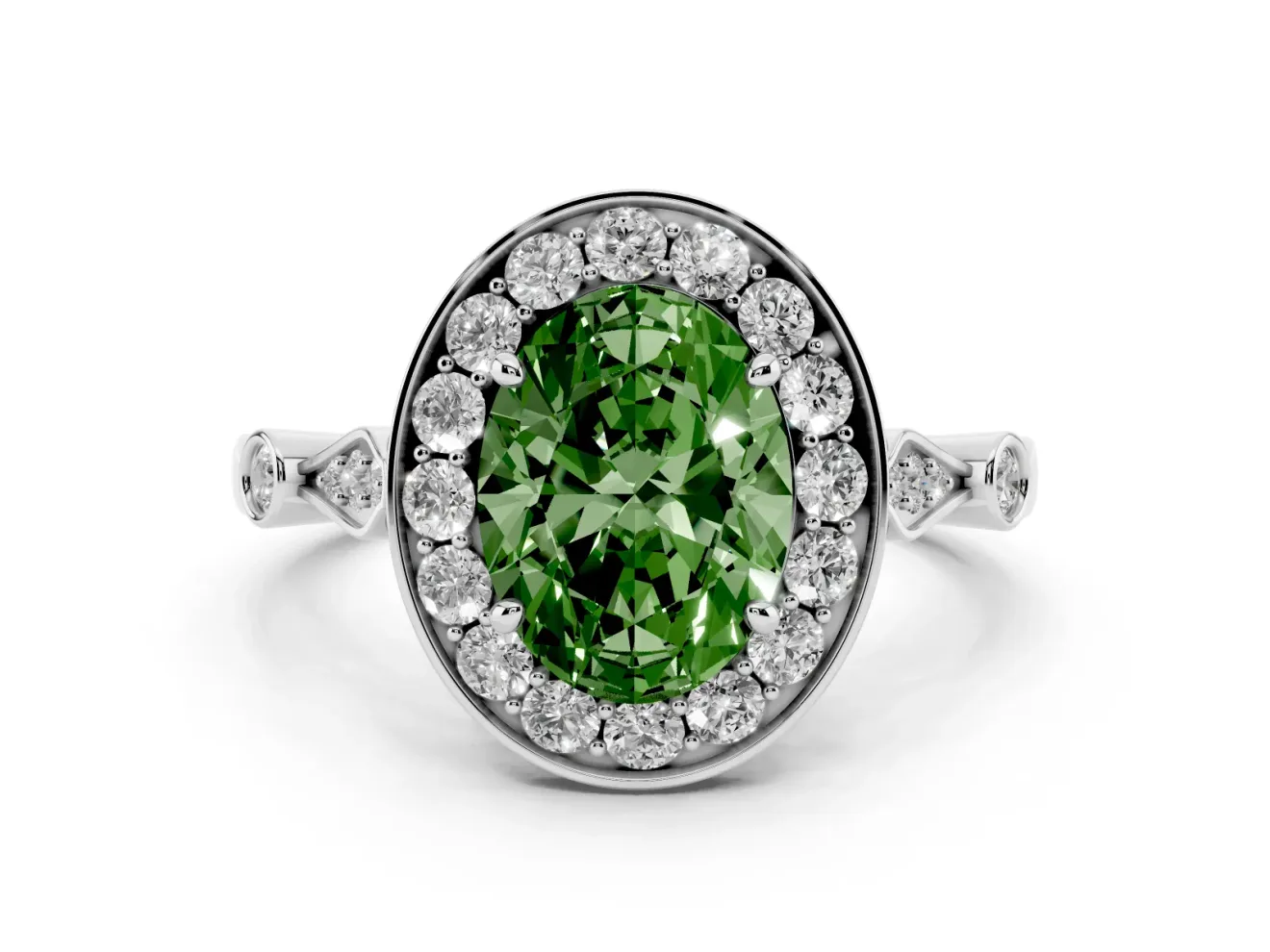 Oval Halo Engagement Ring Setting for a Fancy Green Lab-Grown Diamond | Bezel Stations | Platinum