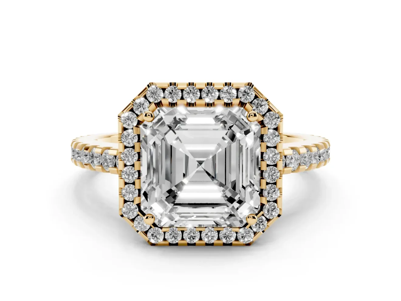 Asscher Cut Halo Engagement Ring Setting | Half Pave Band | Yellow Gold