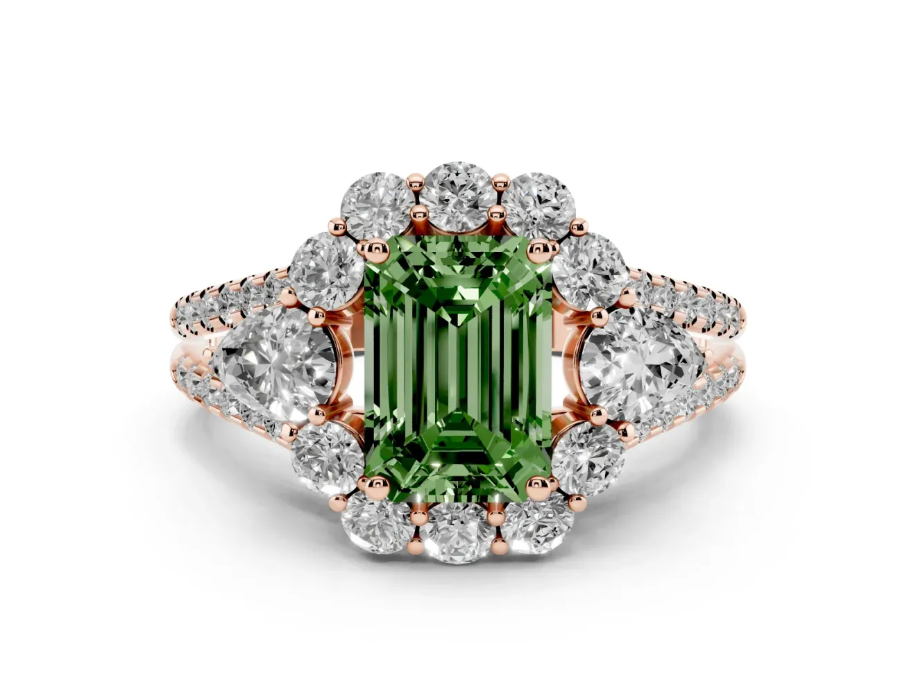 Emerald Cut Scalloped Halo Engagement Ring Setting for a Fancy Green Lab-Grown Diamond | Pear Side Stones | Rose Gold