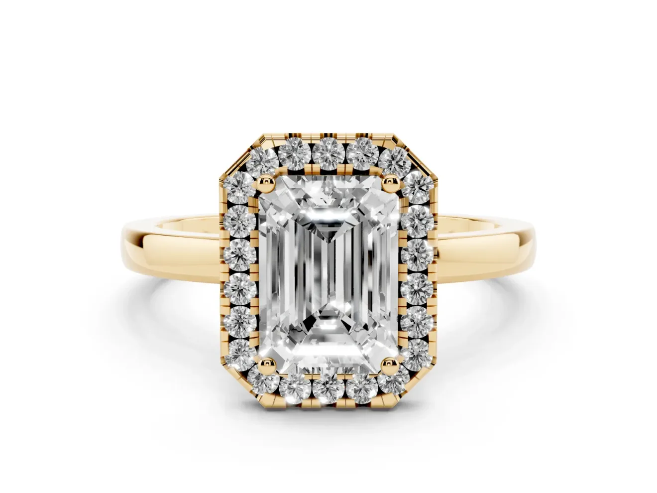 Emerald Cut Diamond Halo Solitaire Ring Set in Yellow gold with Pavé Band and Prong Setting