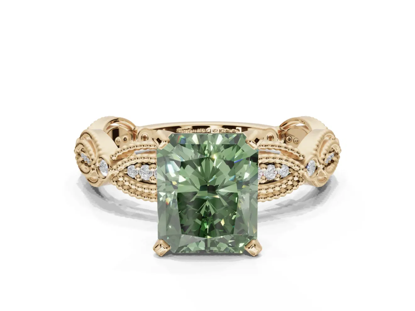 Radiant Cut Vintage Engagement Ring Setting for a Fancy Green Lab-Grown Diamond | Graduated Stations | Yellow Gold