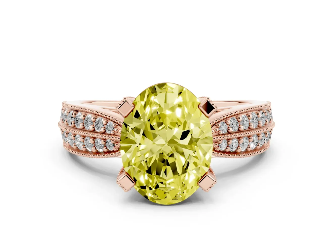 Fancy Yellow Oval Cut Diamond Solitaire Ring Set in Rose gold with Milgrain Double Row Round Pavé Band