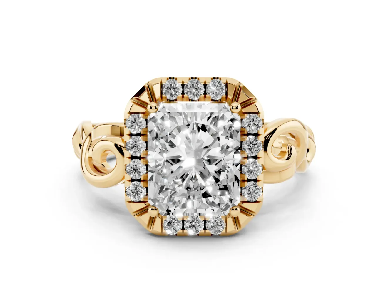 Radiant Cut Diamond Halo Ring Set in Yellow gold with Scrollwork Band and Prong Setting