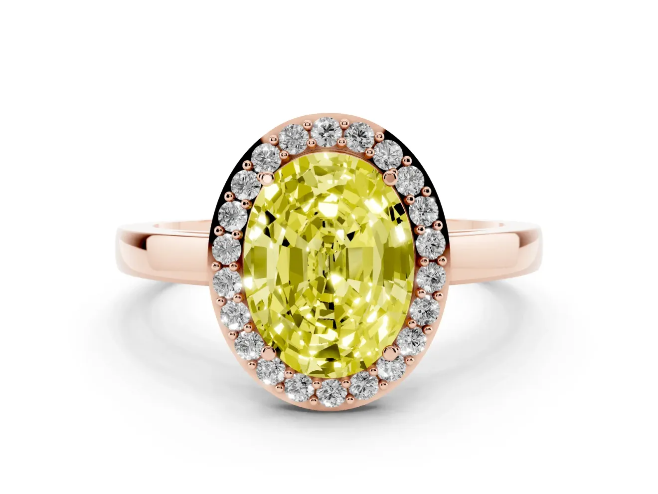 Fancy Yellow Oval Cut Diamond Halo Ring Set in Rose gold with Solitaire Band and Prong Setting